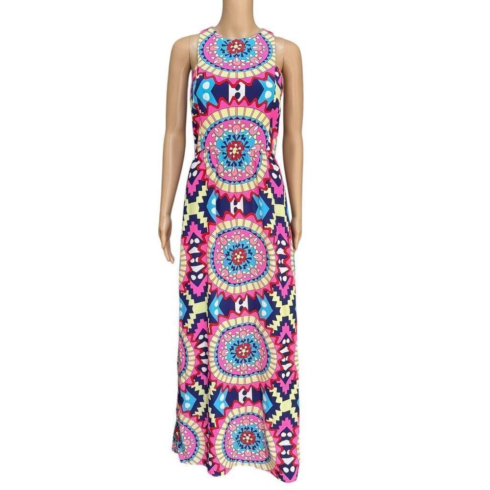 Annie Griffin Geometric Neon 100% Silk Sleevless Racer Back Maxi Dress Sz 4